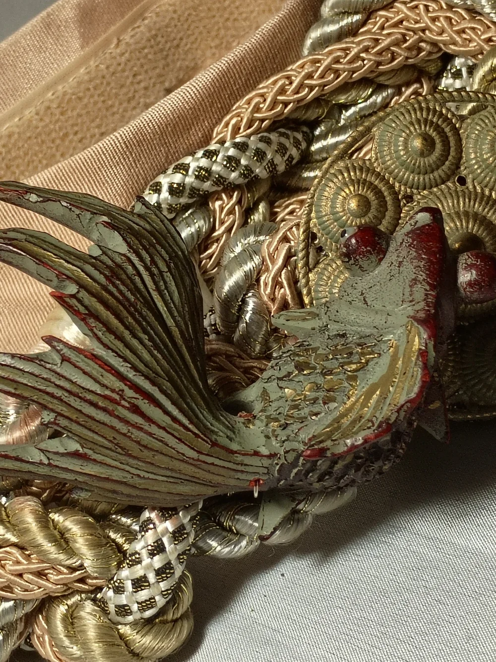 Vintage-Inspired Fish Motif Braided Belt in Peach and Metallics